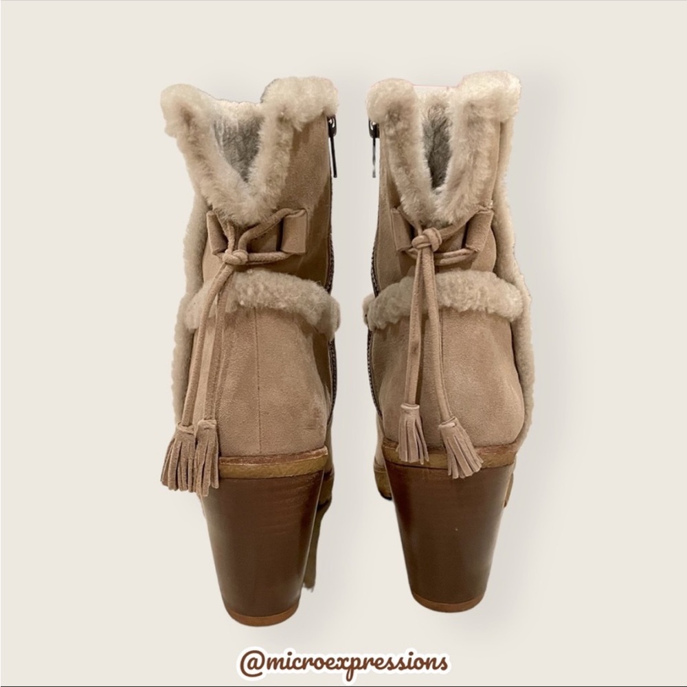 $479 Frye Jen Shearling Fur Beige/Tan Short Real Suede Heeled Zip Up AnkleBootie - Picture 11 of 16